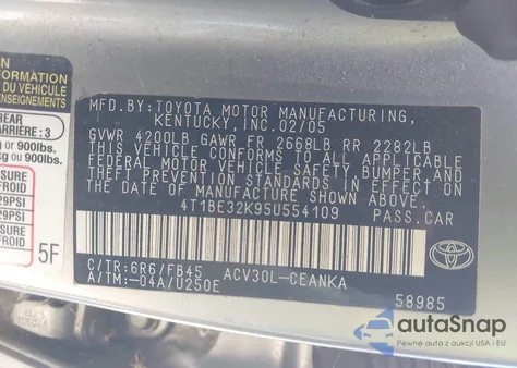 2005 Toyota Camry Le из США, поврежденный, VIN 4T1BE32K95U554109